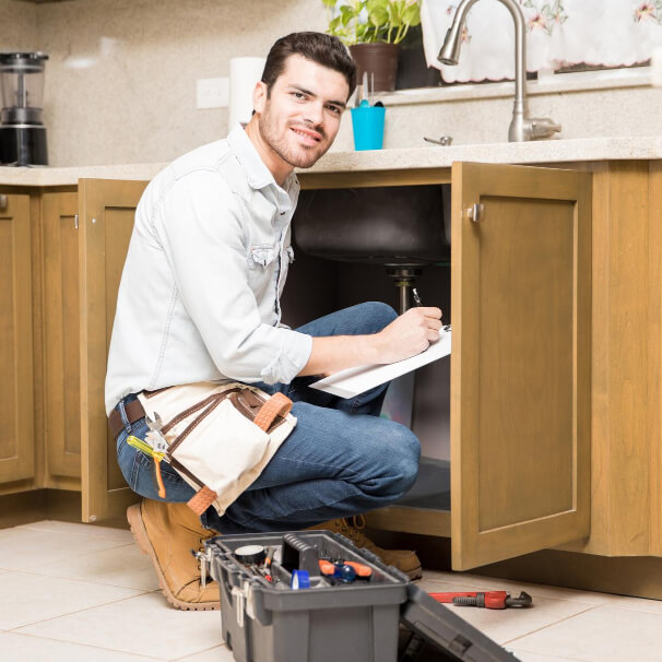 Plumber working in a kitchen